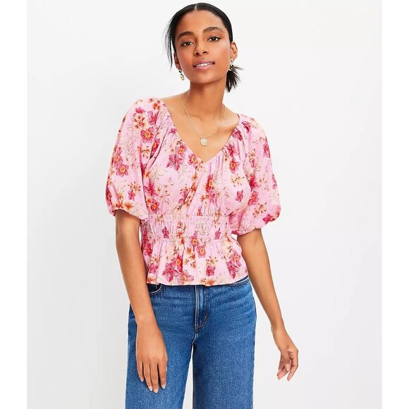 LOFT Womens Plus XXL Floral Pink Lily Gathered Waist V Neck Blouse Shirt Top - Picture 3 of 14